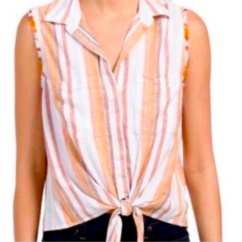 Anthropologie Cloth & Stone Striped Sleeveless Tie Front Button Down Linen Top S